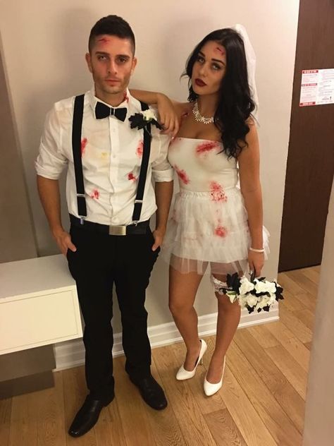 Zombie Couple Halloween Costumes, Bride Groom Halloween Costume, Zombie Couples Costumes, Engaged Halloween Costume, Couple Zombie Costume, Scary Bride And Groom Costumes, Vampire Bride And Groom Costume, Bride Couples Costume, Dead Bride And Groom Costume