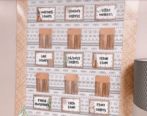 Classroom Student Jobs inspiration Boho Diy Job Chart Classroom, Class Jobs Bulletin Board, Job Boards For Classroom, Job Charts For The Classroom, Modern Farmhouse Library, Class Jobs Chart, Student Job Chart, Class Jobs Display, Farmhouse Library