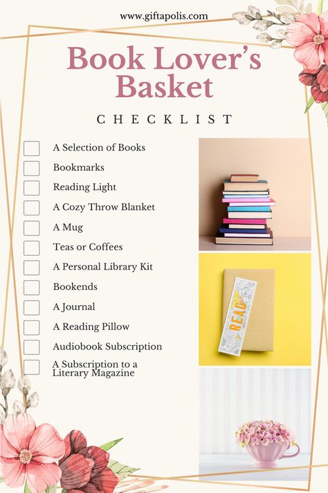 Create the ultimate Book Lover's Basket with our curated checklist! Perfect for gifting or treating yourself to endless hours of reading bliss. From must-have reads to cozy accessories, discover everything you need to escape into the pages of your favorite story. #BookLovers #ReadingNook #GiftIdeas #Giftapolis Reading Gift Basket, Personal Library Kit, Book Lovers Gift Basket, Book Gift Basket, Book Baskets, Birthday Wishes For Myself, Cozy Accessories, Birthday Gift Baskets, Reading Pillow