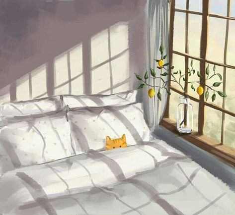 The Window, A Cat, Bed, Yellow, Flowers, White, Art