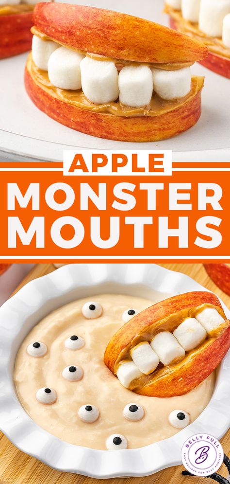 Made with just a few simple ingredients, Apple Monster Mouths with Monster Fruit Dip is such an easy, fun, and delicious healthier treat for Halloween. Loved by kids and adults alike! Monster Fruit, Scary Desserts, Candy Corn Recipe, Savory Apple Recipes, Apple Recipes Healthy, Apple Slice, Healthy And Unhealthy Food, Fun Halloween Treats, Marshmallow Creme