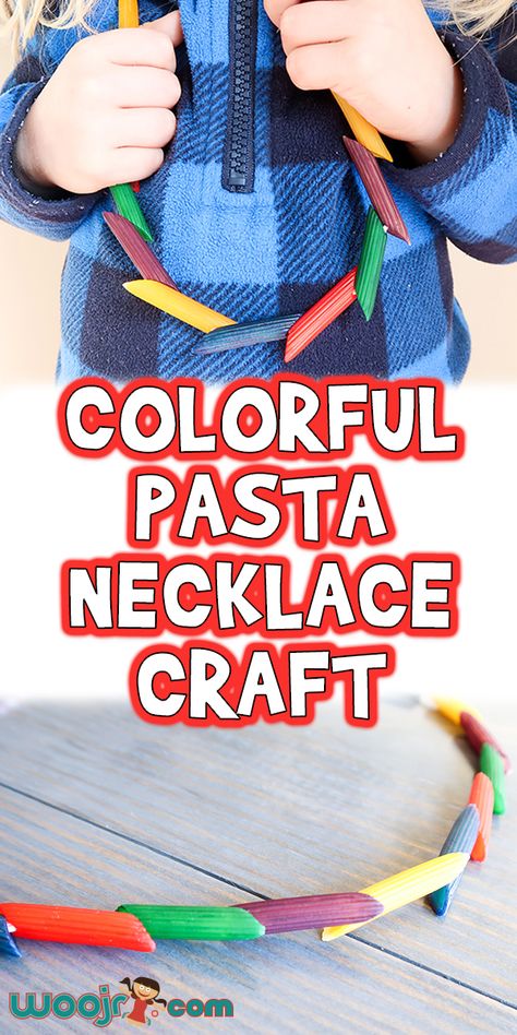 Colorful Pasta Necklace Craft | Woo! Jr. Kids Activities Pasta Necklaces Preschool, Pasta Necklace, Colorful Pasta, Pasta Crafts, Toddler Necklace, Toddler Organization, Fun Worksheets For Kids, November Crafts, Creative Diy Projects