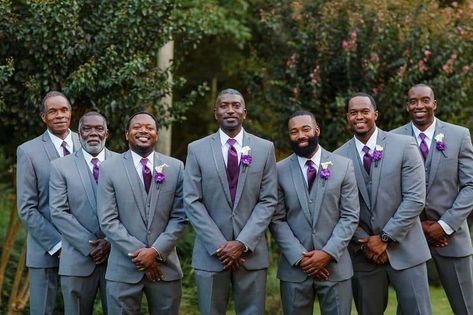 Light gray suits and royal purple ties Wedding Suits Men Grey Purple Bridesmaid Dresses, Royal Purple Groomsmen Attire, Grey And Purple Wedding Theme, Gray Suit Purple Tie, Grey Suit With Purple Tie, Gray Suits For Men Wedding, Purple Groomsmen Attire, Purple And Grey Outfit, Plum And Gray Wedding