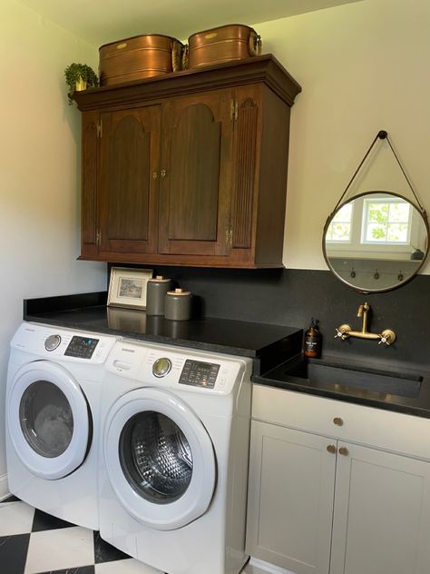 Antique cabinet, black and white floor, checkered floor, black laundry sink, black laundry counter, soapstone counter, counter and backplash in granite, sink out of wall, Laundry Room With Black Countertop, Soapstone Counter Laundry Room, Black Counter Laundry Room, Black Countertop Laundry Room, Black Granite Laundry Room, Counter Laundry Room, Laundry Counter, Black Laundry, Black And White Floor