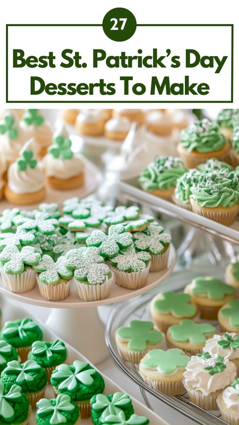 A display of festive St. Patrick's Day desserts, including shamrock cookies, green cupcakes, and mint-flavored treats, perfect for a holiday celebration. Shamrock Desserts, St Patricks Desserts, Frozen Tart Shells, Green Velvet Cupcakes, Irish Cream Truffles, Shamrock Cupcakes, St Patrick's Day Desserts, Oreo Bark, Shamrock Cookies