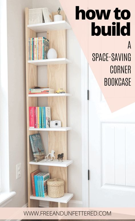 Bookcases Small Spaces, Small Diy Bookcase, Diy Bedroom Bookshelves, Diy For Small Spaces, Diy Small Corner Shelf, Diy Bookshelf For Small Spaces, Build A Bookcase Diy, Bookshelves Ideas Small Spaces, Book Shelves Ideas Small Spaces