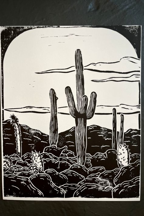 Desert Landscape Drawing, Desert Drawing, Block Print Art, Print Making Designs, Art To Frame, Lino Block, Western Desert, Lino Art, Linocut Art