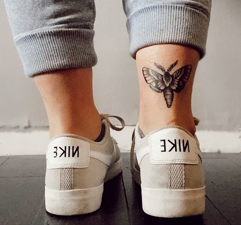 Back On Ankle Tattoo, Front Of Ankle Tattoo Women, Back Of The Heel Tattoo, Moth Tattoo On Shin, Ankle Women Tattoo, Calf Ankle Tattoo, Moth Calf Tattoo, Back Of Ankle Tattoo Words, Moth Tattoo Ankle