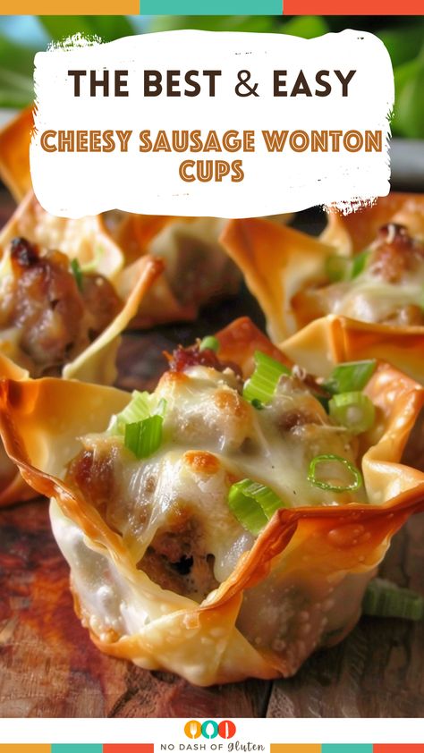 Sausage Wonton Cups, Wonton Wrapper Recipes Appetizers, Wonton Appetizer Recipes, Wonton Cups Appetizers, Baked Wontons, Wonton Appetizers, Wonton Wrapper Recipes, Sausage Appetizers, Pork Breakfast Sausage