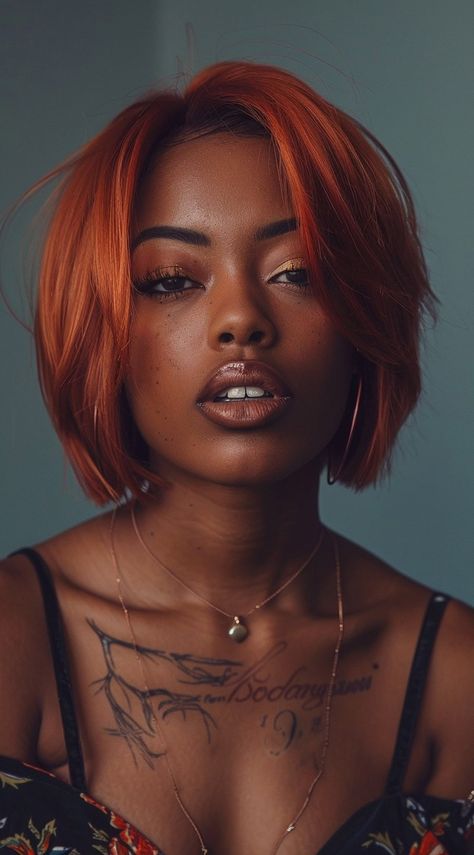 Silver Bob Black Women, Fall Hair Colors For Black Women Short, Edgy Hairstyles Black Women, Red Hair For Black Women, Copper Hair Color Black Women, Red Hair Styles For Black Women, Ginger Orange Hair Black Women, Copper Bob Black Women, Short Copper Hair On Black Women