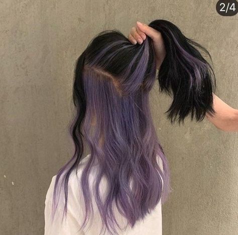 Brown Hair With Lavender Underneath, Purple Underlayer Hair, Under Dye Hair Ideas, Under Hair Color Purple, Under Dyed Hair Purple, Under Part Of Hair Dyed, Under Hair Dye Purple, Dyed Underlayer, Underlayer Hair Dye