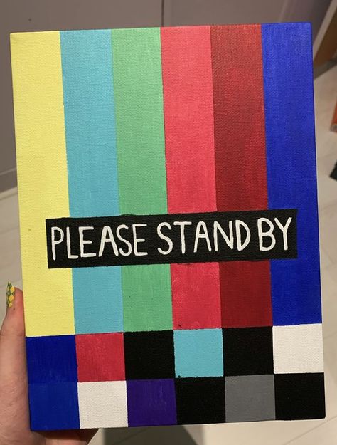 Please stand by - Yvr #drawingideas #sketch #drawingbase #drawingbodyposes #drawing No Signal Painting Canvas, Painting Ideas On Canvas Aesthetic Retro, 70s Canvas Painting Ideas, Painting Ideas On Canvas Retro, Painting On Paint Samples, Easy Retro Painting Ideas, Vintage Painting Ideas Easy, Please Stand By Painting, 80s Painting Ideas On Canvas