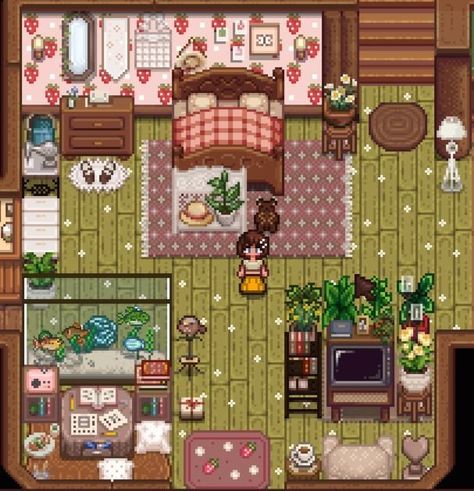 Stardew Valley Bedroom Layout, Stardew Valley Strawberry House, Stardew Valley Strawberry, Stardew Valley Bedroom Ideas, Stardew Valley Cake, Stardew Bedroom, Stardew Valley Bedroom Design, Cake Rug, Stardew Valley Decoration Ideas