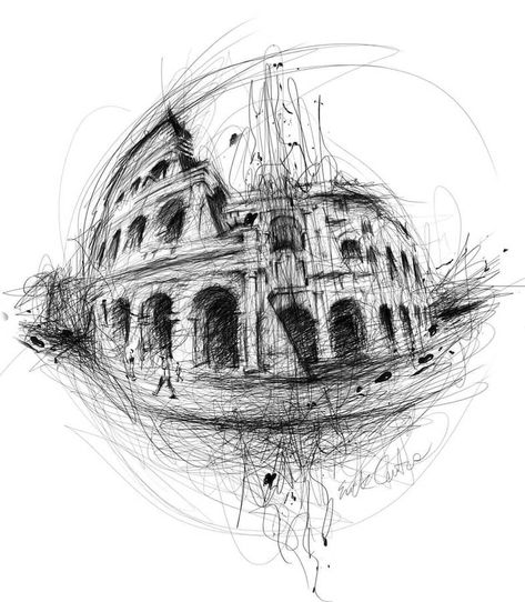 Colosseum. Scribble Drawings of Everything. Click the image, for more art from Erick Centeno. Scribble Drawings, Scribble Drawing, Scribble Art, Cat Tattoo Designs, Architecture Concept Drawings, Pen Sketch, Watercolor Art Lessons, Architecture Sketch, Cat Tattoo