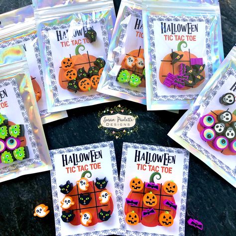 HALLOWEEN TIC TAC TOE PARTY FAVORS/CLASSROOM GIFTS/TRUNK OR TREAT GIVEAWAY - each contains 1 printed Tic Tac Toe Board, and (2) sets of (5) each Halloween themed erasers to use as tokens in a resealable holographic bag.  Eraser designs are chosen at random.  Our gifts are packaged with love to save you time and trouble.  You have enough to do as a caregiver, let us handle the Halloween Party Favors!  Perfect Boo Basket Stuffers!  Adorable treats for your guests, trick or treaters or students!  K Halloween Class Treats, Halloween Tic Tac Toe, Halloween Party Boxes, Halloween Treat Baskets, Halloween Classroom Treats, Halloween Crayons, Halloween Party Bags, Printable Halloween Tags, Halloween Treat Tags