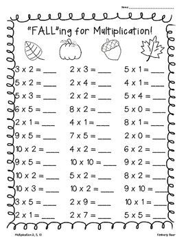 FALL Multiplication Practice Worksheet Pack--6 pages Beginning Multiplication Worksheets, Multiplication Coloring Worksheets, Multiplication Practice Worksheets, Math Worksheets For Kids, Integers Worksheet, Fall Worksheets, Math Morning Work, Multiplication Practice, Fall Math