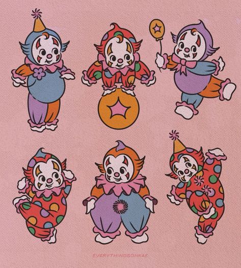 Vintage Clown Painting, Innocent Tattoo, Kewpie Tattoo, Kewpie Art, Halloween Flash, Unicorn Cross Stitch Pattern, Clown Paintings, Flash Sheets, Clown Tattoo