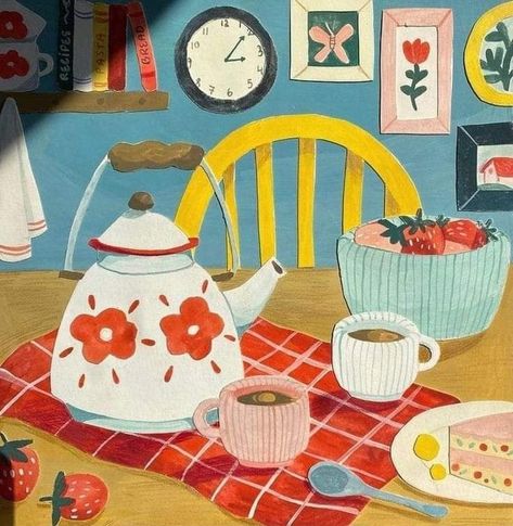 Kitchen Collage, Sunny Kitchen, Pink Collage, Tea Illustration, Start The Day, Children's Book Illustration, Art Gallery Wall, Cute Illustration, Book Illustration