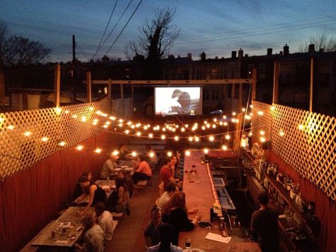 Projector outside!!!  Lights with it. Cafe Exterior, Basement Home Theater, Projector Tv, Outdoor Projector, Dog Cafe, Below Deck, Outdoor Movie, Basement Bar, Cafe Interior Design