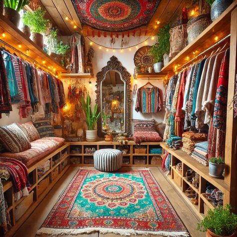 Boho Walk In Closet #decor #homedecor #boho #inspiration Boho Master Closet, Bohemian Dressing Room, Boho Closet Room, Walk In Closet Boho, Boho Walk In Closet, Boho Closet Ideas, Walk In Closet Decor, Maximalist Closet, Bohemian Closet