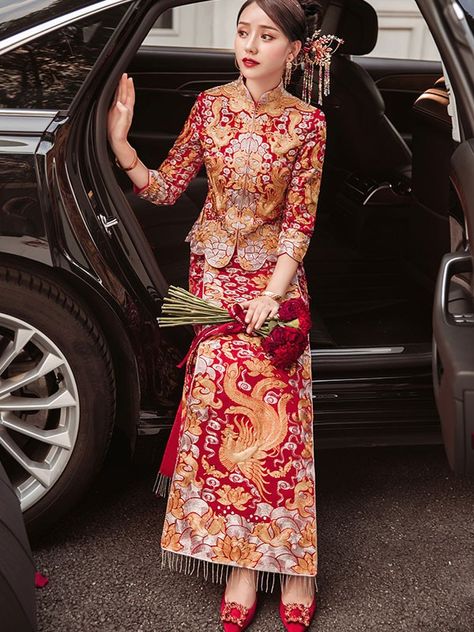 Qun Kwa Wedding Dresses, Chinese Dress Wedding, Qipao Vintage, Wedding Dress Women, Phoenix Embroidery, Wedding Dress Traditional, Qun Kwa, Chinese Wedding Dress Traditional, Wedding Qipao