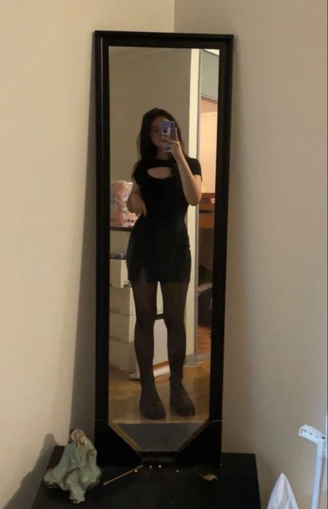 black shirt w/ black mini skirt, black stockings, and black boots: the outfit i religiously wore. 3 Mirror, White Puffer Jacket, White Puffer, Mini Skirt Black, Black Stockings, Black Mini Skirt, The Outfit, Black Mini, Black Outfit