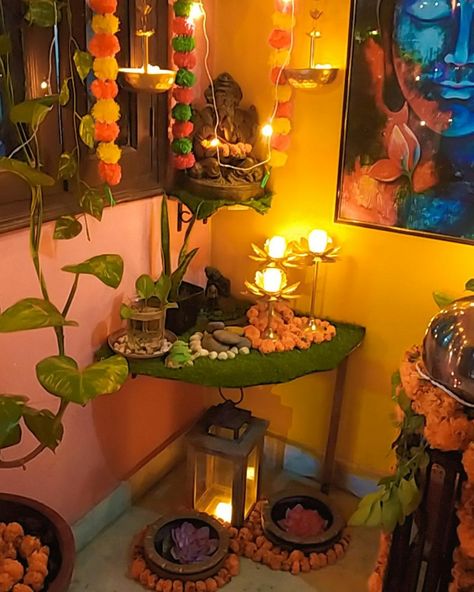 Holi Decor, Zen Corner, Rental Friendly, Pooja Decor, Pooja Decoration, Indian Room, Indian Room Decor, Corner Ideas, Catholic Crafts