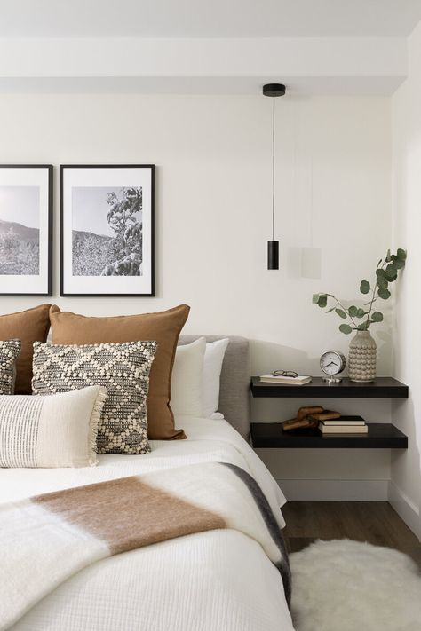 Valhalla | Ashley de Boer Interiors Bedroom With Leather Accents, Black White Cognac Bedroom, Cream Bedroom Black Accents, Cream And Black Bedroom, Grey Headboard Bedroom Ideas Decor, Modern Guest Bedroom, Custom Headboard, Peaceful Home, Bedroom Black