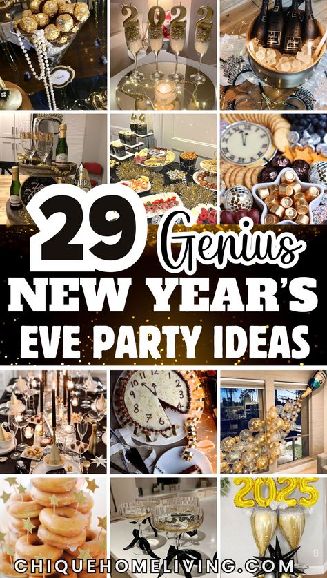 Ready to ring in the New Year in style? 🎉 Check out these 29 New Year’s Eve Party Ideas to Kick Off the New Year Right! From glamorous DIY decorations to sparkling drink stations and fun photo booth props, these ideas will make your party unforgettable. Try hosting a midnight countdown bar, serving delicious finger foods, or setting up a champagne tower for a show-stopping toast. Don’t forget party games like a resolution jar or balloon drop to keep the fun going. New Year Party Centerpieces, Nye House Party Ideas Families, Theme For New Years Eve Party, New Years Entertaining Ideas, Tropical New Years Eve Party, Nye Party Themes Ideas, New Year Countdown Ideas, New Years Get Together Ideas, New Years Set Up