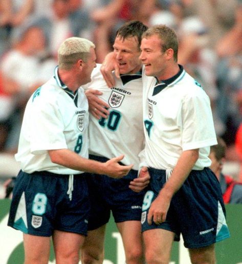 Paul Gascoigne, Teddy Sheringham and Alan Shearer. Teddy Sheringham, 3 Lions, Alan Shearer, England National Team, Three Lions, England Football Team, England Players, England National, Football Icon