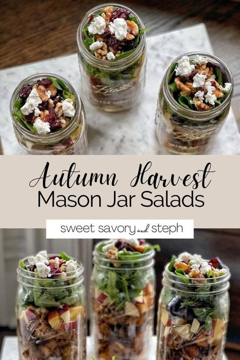 Nothing screams fall flavors more than the components of these Autumn Harvest Mason Jar Salads: roasted butternut squash, dried cranberries, walnuts, goat cheese, fresh apples, and grilled chicken mixed together to create a flavor and textural sensation. And to make the salad even better...it is in a mason jar! This salad is so filling, easy to make, and is filled with gorgeous colors and flavors. Apple Harvest Mason Jar Salad, Fall Salad Recipes Meal Prep, Easy Jar Lunches, Mason Jar Grain Bowl, Chicken Salad Jar Recipe, Salad In A Jar Ideas, Fall Mason Jar Salads, Kale Salad In A Jar, Healthy Jar Salads