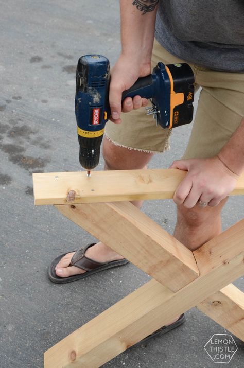 DIY X Leg Patio Table with Pipe Trestle Coffee Table Legs Ideas, Table Leg Ideas, Diy Wood Patio, Trestle Table Plans, Diy Brick Patio, Garden Table Plans, Wood Patio Table, Outside Table, Terrace Table