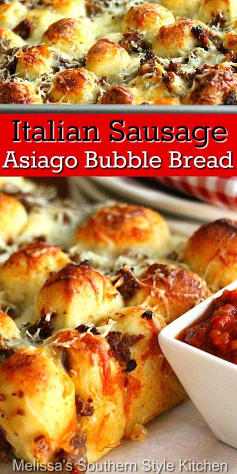 Bubble Bread Recipe Pull Apart, Sausage Appetizers, Bubble Bread, Bread Pull Apart Recipes, Sister Trip, Sausage Bread, Sausage Biscuits, Asiago, Football Food