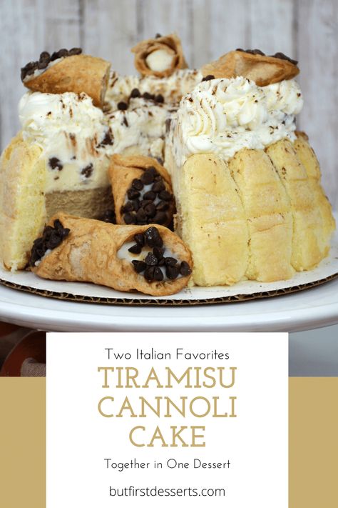 Tiramisu Cannoli Cake-Two Italian Favorites in One Dessert via @beforelunchafter Cannoli Tiramisu Cake, Cannoli Tiramisu, Tiramisu Cannoli, Cannoli Cake Recipe, Cannoli Cake, Dessert Cakes, Yummy Desserts Easy, Italian Favorites, Italian Dessert