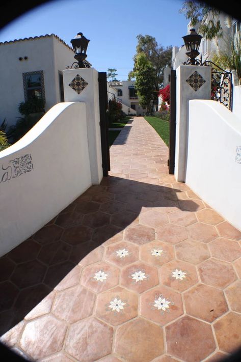 FLOOR , MALIBU TILE, SPANISH TILE, SOCIA | Floors & Stairs Spanish Tiles Outdoor, Malibu Tile, Mexico Houses, Outside Tiles, Spanish Exterior, Boundary Wall, Boundary Walls, Entrance Porch, Spanish Tile