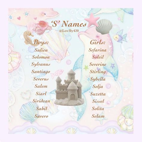 ‘S’ Names *⚠️These names weren’t made with the intention for children, simply just based off a theme and can be used for purposes such as character creation, story writing etc⚠️* Kawaii Names Ideas, Mermaid Names Aesthetic, Fantasy Planet Names Ideas, Ocean Themed Names, Names Inspired By The Ocean, Kawaii Names, Silly Names, Oc Names, S Names