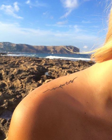 Wanderlust Font, Top Of Shoulder Tattoo, Word English, Fonts Ideas, Wanderlust Tattoo, Good Tattoo Quotes, Shoulder Tattoos For Women, Temporary Tattoo Designs, Elephant Tattoos