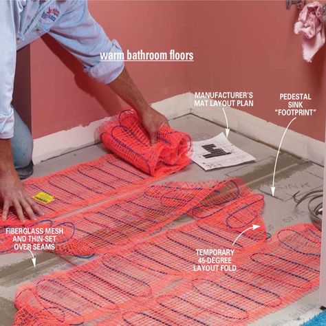 How To Install In Floor Heat: Radiant Heat Installation Heated Bathroom Floor, His Bathroom, Heated Floor, Warm Bathroom, Floor Heating, Radiant Floor Heating, Radiant Floor, Basement Flooring, Up House