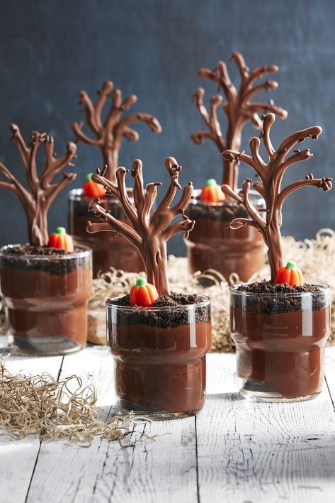 Placed together on your Halloween dessert table, these fun, chocolate-filled pudding cups are sure to delight. An optional smattering of sprinkles is a sweet addition to the "branches" on these trees. Pudding Cup Recipes, Homemade Halloween Treats, Fun Halloween Snacks, Biscuits Halloween, Halloween Snacks For Kids, Dessert Halloween, Chocolate Tree, Halloween Treats For Kids, Halloween Sweets