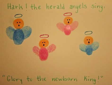 Thumbprint angels Handprint Crafts, Church Crafts, Nativity Crafts, Christmas School, Preschool Christmas, Sunday School Crafts, Diy Christmas Cards, Preschool Art, Christmas Crafts For Kids