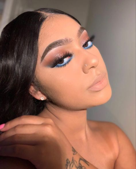 Navy Blue And Brown Makeup, Dusty Blue Wedding Makeup, Blue Waterline Makeup Brown Eyes, 15 Makeup Looks Blue, Teal Prom Makeup, Baby Shower Makeup Ideas Blue, Blue Quinceanera Makeup, Dusty Blue Makeup Look, Glam Makeup Blue