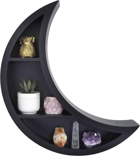 Unique, Moon Shaped Floating Shelves for Crystals - Essential Oil, Decorative Crystal Display Shelf - Boho Moon Wall Decor for Bedroom, Dorm, Living Room, Nursery, witchy, dorm room, home, house, ,witch, spells, crystals, decor, design, cute, black, goth, metal, new, wood shelf, book shelf Shelves For Crystals, Goth Decor Bedroom, Lace Bedroom, Moon Shelf, Grunge Bedroom, Goth Bedroom, Dorm Living Room, Living Room Nursery, Crystal Shelves