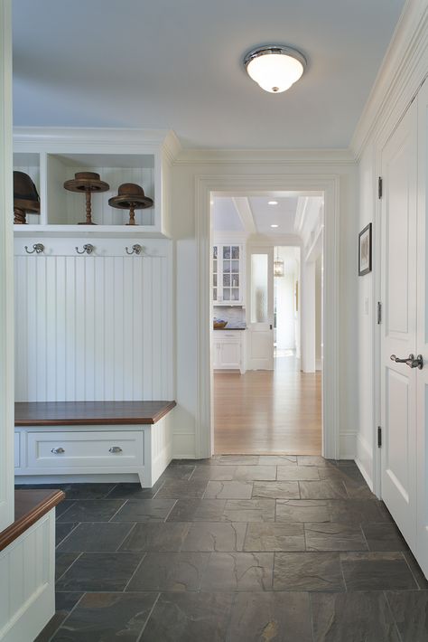 Mudroom Inspiration design ideas Gray Wood Tile Flooring, Wood Tile Floor Kitchen, Mudroom Flooring, Slate Tile Floor, Entryway Flooring, Laundry Room Flooring, Mudroom Laundry Room, Mudroom Design, Wood Tile Floors