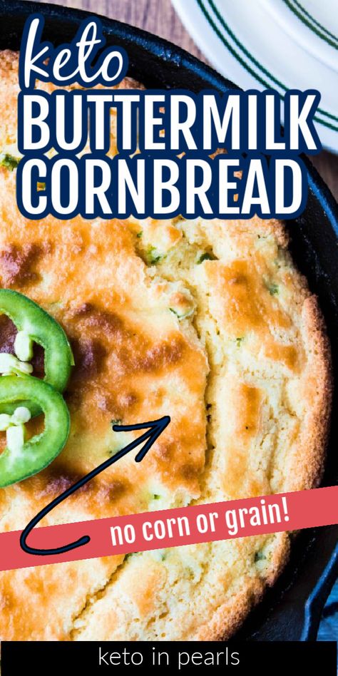 Keto southern-style buttermilk cornbread from Keto in Pearls is an EASY recipe. Make this low carb cornbread with almond flour. NO corn or grain! Crispy edges, a soft crumb, and the tang from buttermilk make this the BEST low carb buttermilk cornbread ever. This keto southern-style cornbread will go great alongside a bowl of chili this winter! #ketocornbread #healthycornbread #lowcarbcornbread #cornbreadrecipe #homemadecornbread #cornbread #easy #recipe #lowcarb #grainfree Cornbread With Almond Flour, Keto Cornbread Recipe, Low Carb Cornbread, Keto Cornbread, Healthy Cornbread, Bacon Cornbread, Southern Style Cornbread, Buttermilk Cornbread, Delicious Low Carb Recipes