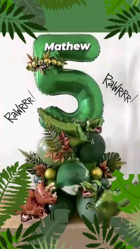 Dino Balloons Decorations, Dino Balloon Bouquet, Dinosaurus Birthday Party Ideas, Dinosaur Birthday Balloon Garland, Jurassic Park Balloon Decor, Jurassic Park Party Balloons, 3 Rex Balloon Garland, Dinosaur Balloon Centerpieces, Jurassic World Balloon Garland