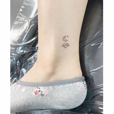 Heart And Moon Tattoo, Moon And Heart Tattoo, Small Crescent Moon Tattoo, Heart Tattoo Ankle, Tattoos Moon, Heart With Infinity Tattoo, Half Moon Tattoo, Saturn Tattoo, Tattoo Ankle