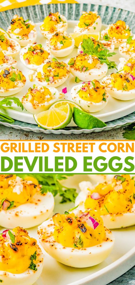 Mexican Street Corn Deviled Eggs - Deviled eggs get a south-of-the-border makeover by incorporating grilled Mexican street corn, jalapeno, red onion, cilantro, lime juice, queso fresco, and chili powder! This is an EASY appetizer or picnic recipe that everyone adores! Serve these at your next summer event including Memorial Day, Father's Day, Fourth of July, or make them for game day parties! Elote Deviled Eggs, Street Corn Deviled Eggs, Mexican Street Corn Deviled Eggs, Mexican Deviled Eggs, Mexican Street Corn Salad Recipe, Homemade Snacks Recipes, Peach Cake Recipes, Deviled Egg Salad, Avocado Deviled Eggs