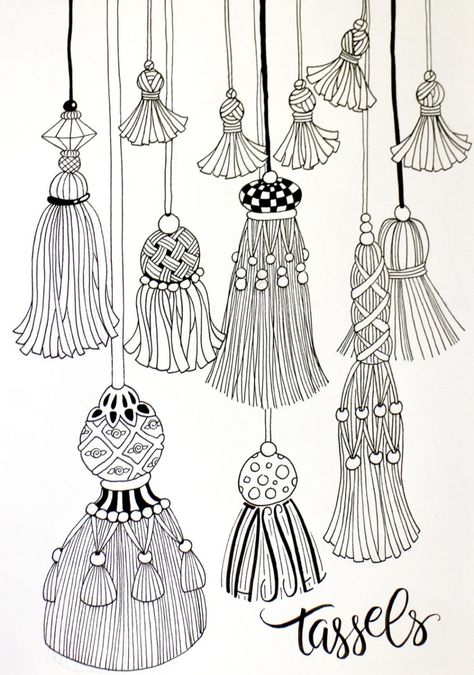 Layering Colors with these Colorful Tassels - Tombow USA Blog Coloring Pages Inspirational, Brush Pens, Blue Tassel, China Painting, Zentangle Art, Zentangle Patterns, A Drawing, Art Drawings Simple, Paint Designs