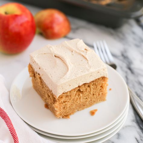 To take this Apple Cake with Fluffy Brown Sugar Buttercream from dessert category to breakfast, simply eliminate the frosting! Apple Cider Cake With Brown Sugar Buttercream Frosting, Frosting For Apple Cake, Apple Cake With Frosting, Apple Spice Cake With Brown Sugar Icing, Apple Cake Frosting, Warm Fall Desserts, Cinnamon Apple Cake Recipe, Apple Cake Recipes Moist, Brown Sugar Buttercream