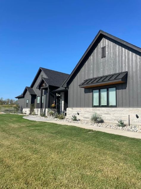 Dark Charcoal Exterior House Colors, Dark Grey Board And Batten Exterior, Dark Gray Board And Batten Exterior, Grey Board And Batten Exterior, Black Siding Exterior, Grey Board And Batten, Outdoor Siding, Reflection Pond, Exterior House Siding